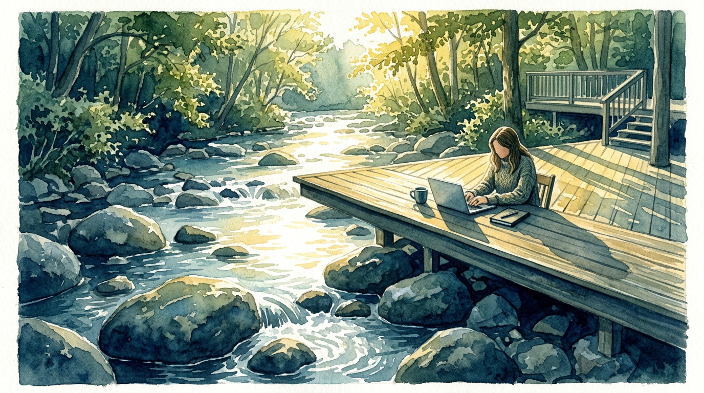 Watercolor illustration of an author seen from behind at a desk by a window overlooking a brook, with a laptop, notebook, and coffee, in Brookstone blue and green tones