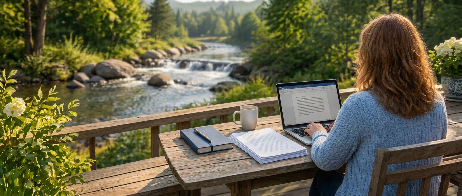 Photograph of an author working on a manuscript at a laptop on a sunlit deck overlooking a flowing brook